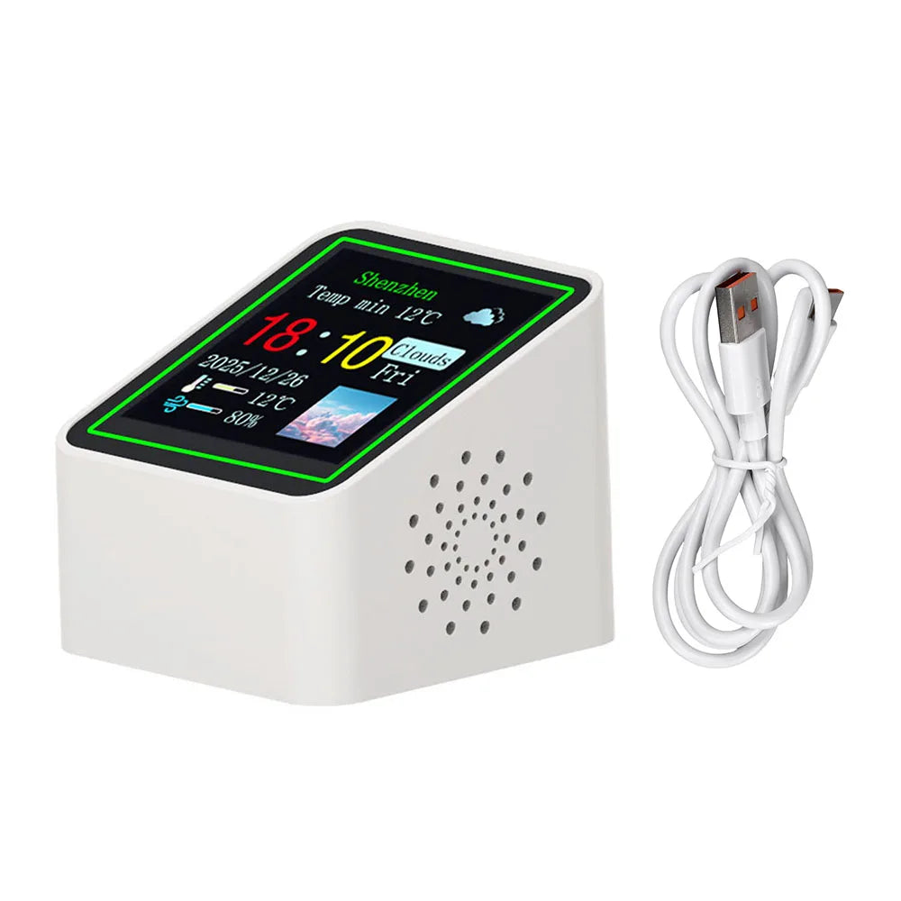 Smart Wifi Weather Station Display Weather Temperature Humidity Time Alarm Clock Desktop Electronic Clock Type-C Min Clock DC 5V