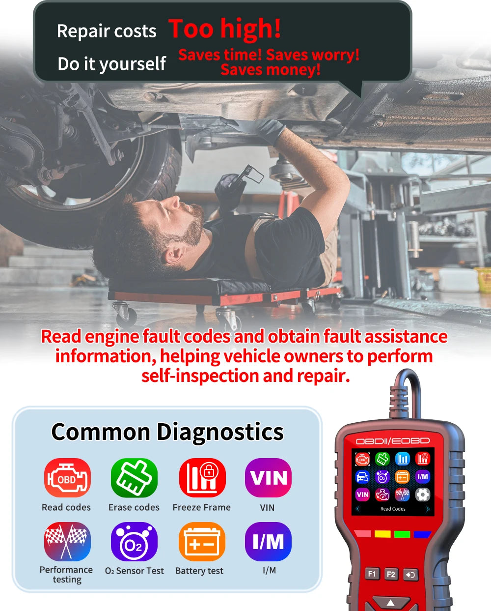 OBD2 Scanner - Handheld Vehicle Inspection and Fault Diagnostic Tester with Live Data, Battery Test