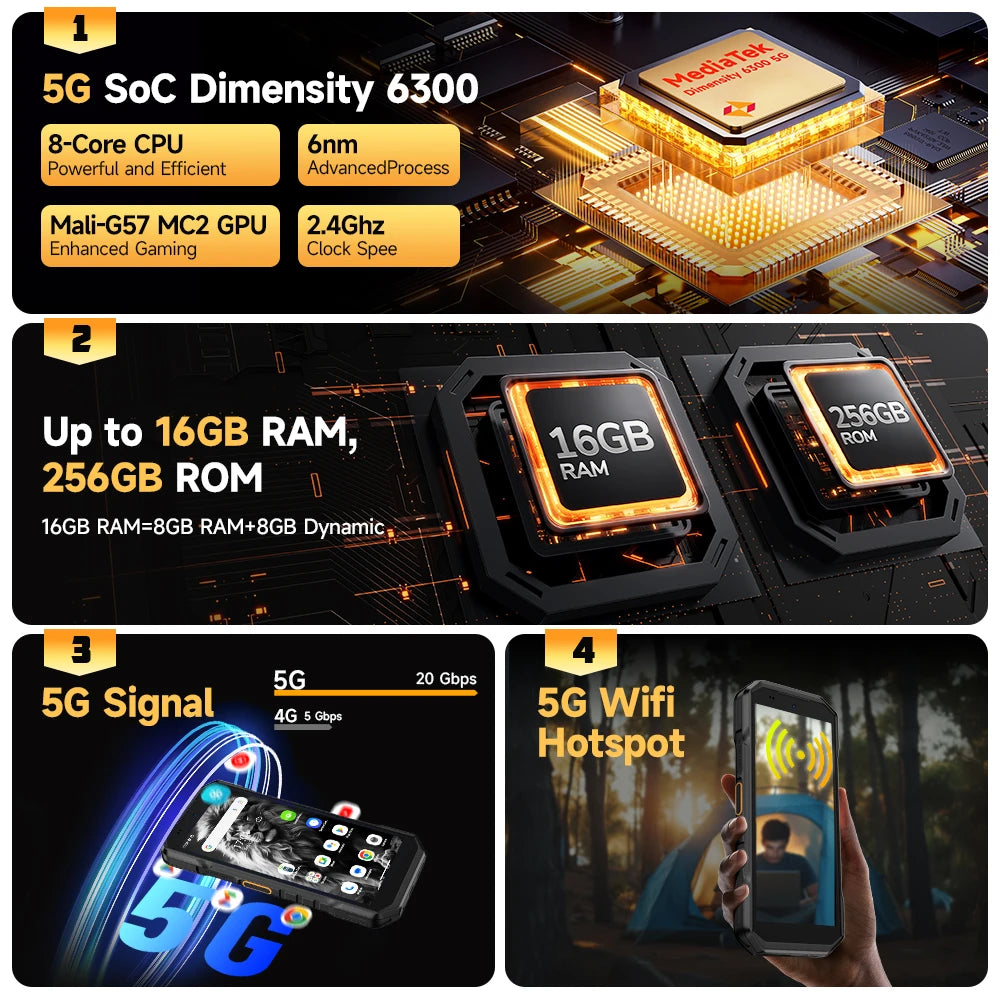 Ulefone Armor X32 Pro 5G Rugged Phone Android 14 16GB+256GB Dimensity 6300 Octa Core 64MP Camera NFC IP68/IP69K Waterproof
