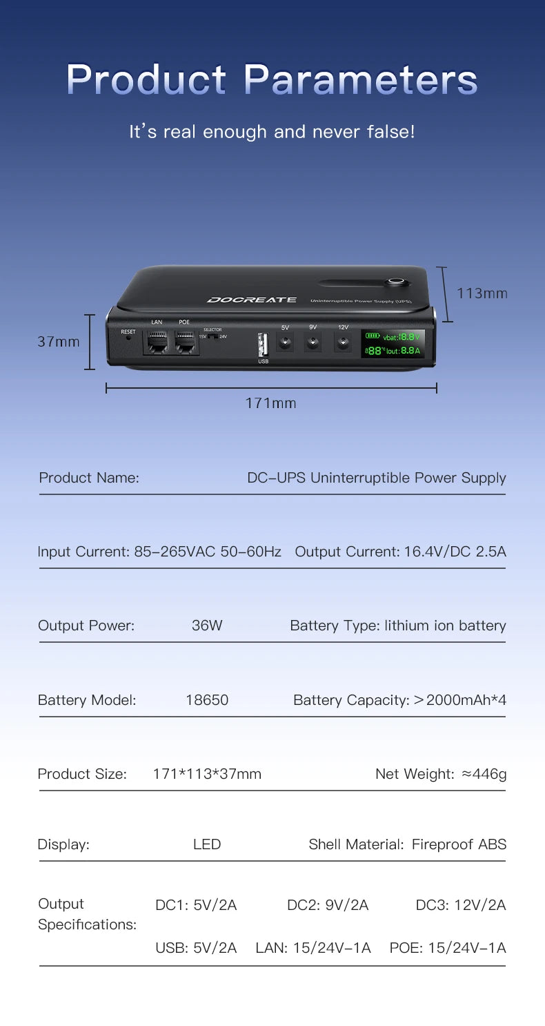 DC UPS Uninterruptible Power Supply System 5V-24V Output 4x18650 Replaceable Battery for Router NAS Modem and Security Monitor