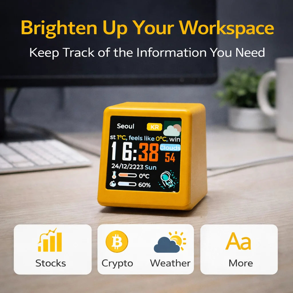 Smart WiFi Desk Clock Display – Weather, Crypto & Stock Monitor, Custom UI, Real-Time Data Screen