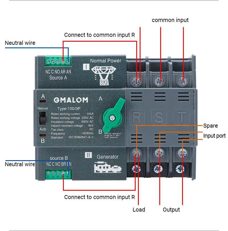 Rail Dual Power Automatic Transfer Switch 2P 3P 4P ATS Selector Switches Uninterruptible Millisecond Power Generator 100A AC220V