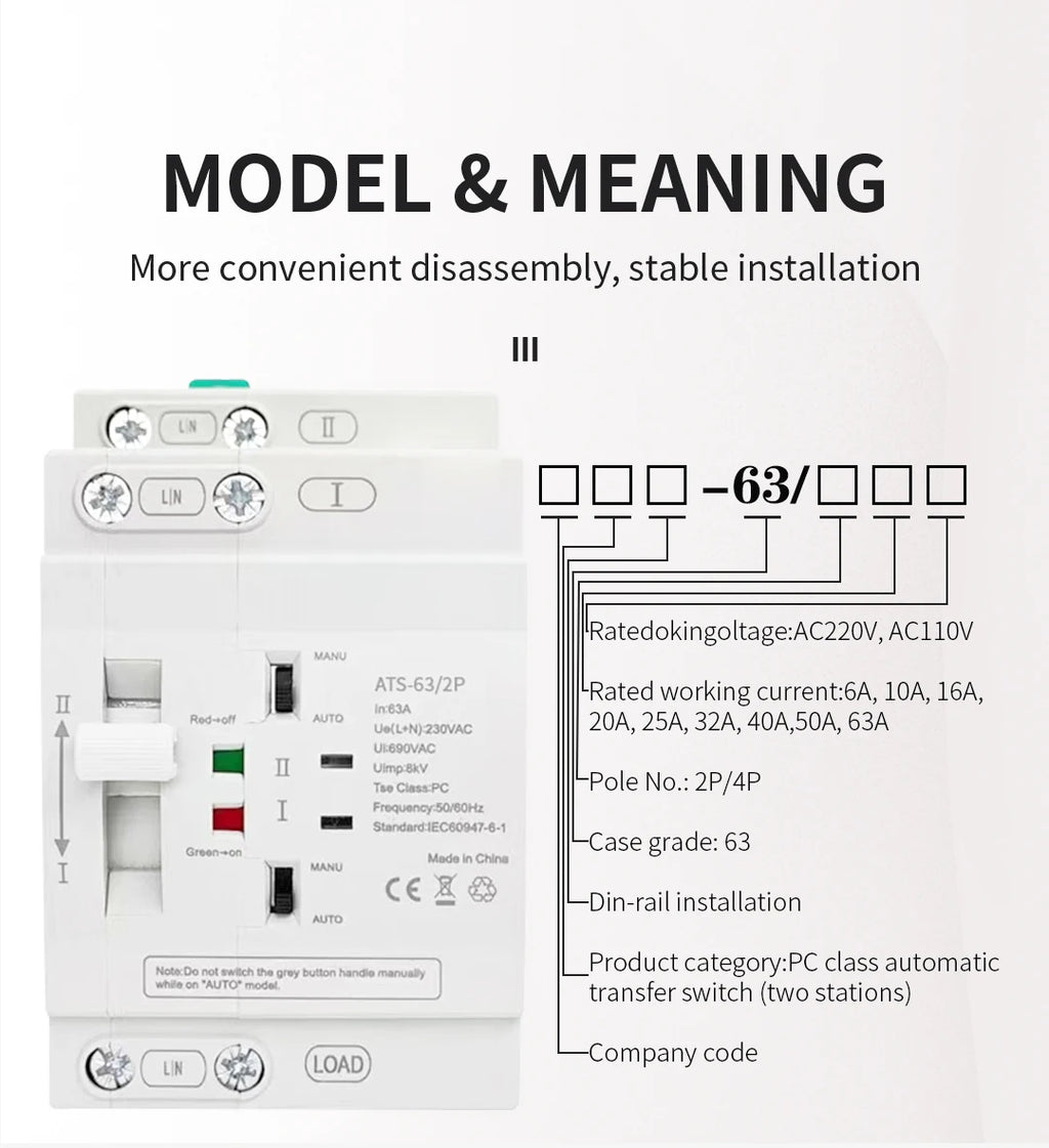 Uninterrupted Automatic Transfer Switch PC Class ATS 2P 4P 25A 40A 63A 110V 220V Mains Power Generator Dual Power Backup