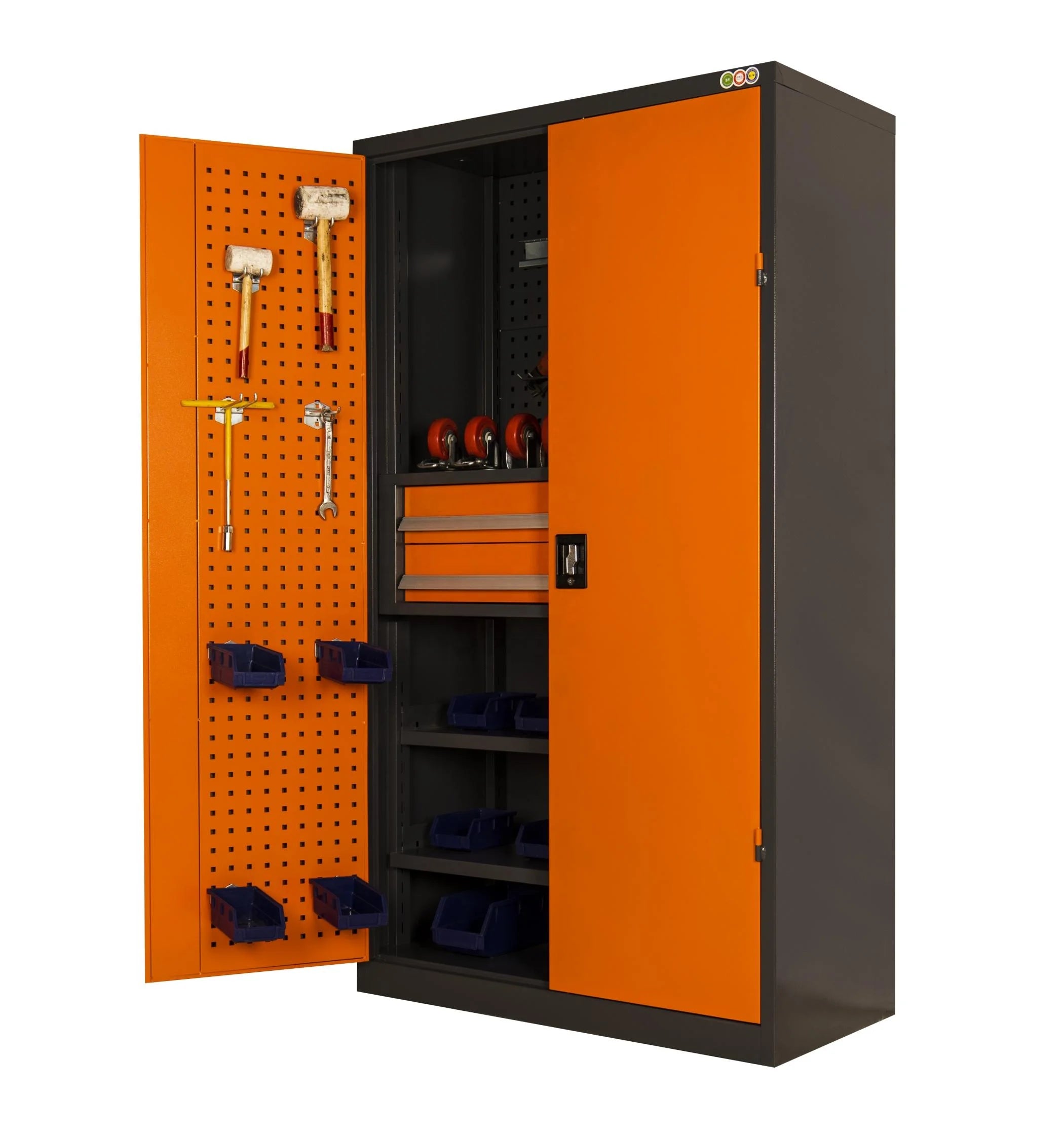 Optimize Your Workspace with a Modern Industrial 71in. Orange Tool Cabinet Lock, Drawers, Pegboard, and Quiet Wheels PULAGE