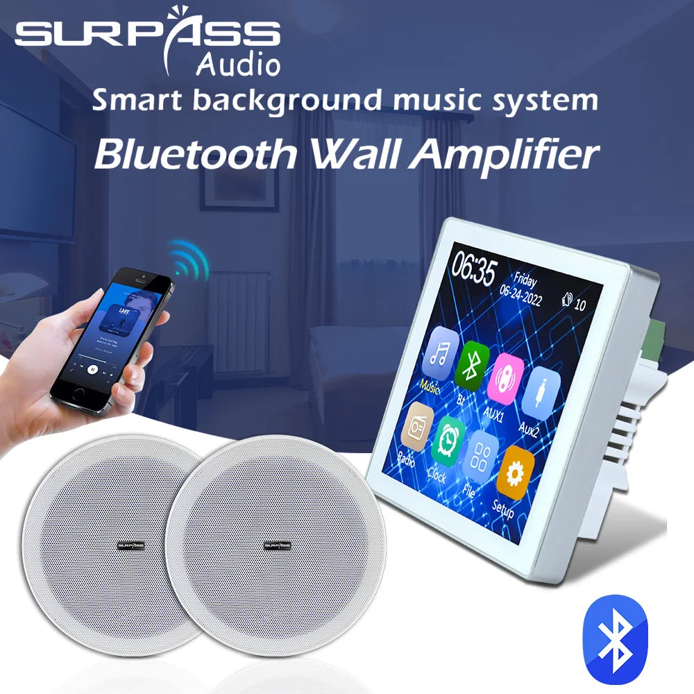Smart Home Audio 4 Inch Key Touch Wireless Bluetooth-compatible Wall Amplifier Fm Radio with Frameless Ceiling Loudspeakers Kits