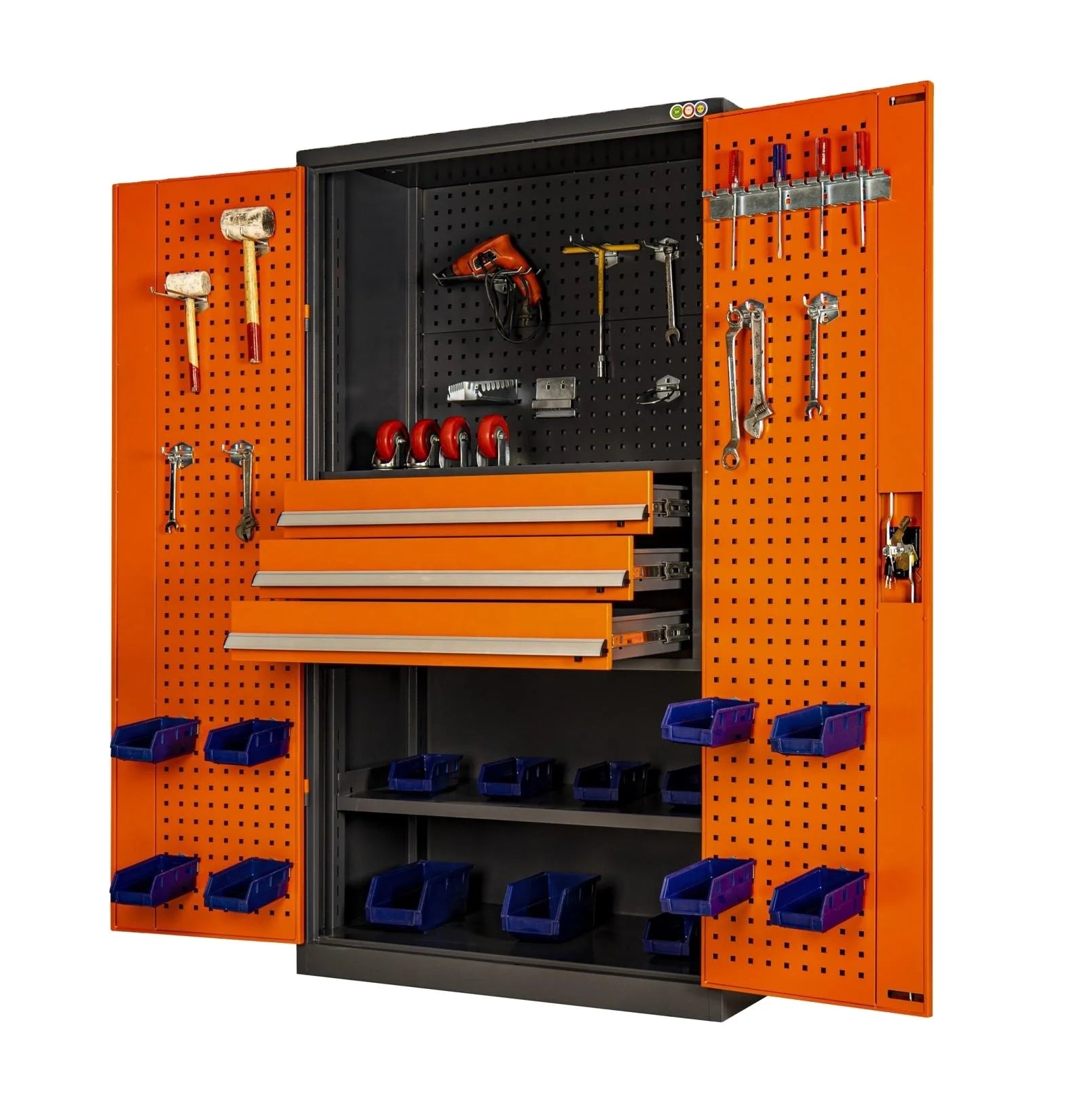 Optimize Your Workspace with a Modern Industrial 71in. Orange Tool Cabinet Lock, Drawers, Pegboard, and Quiet Wheels PULAGE