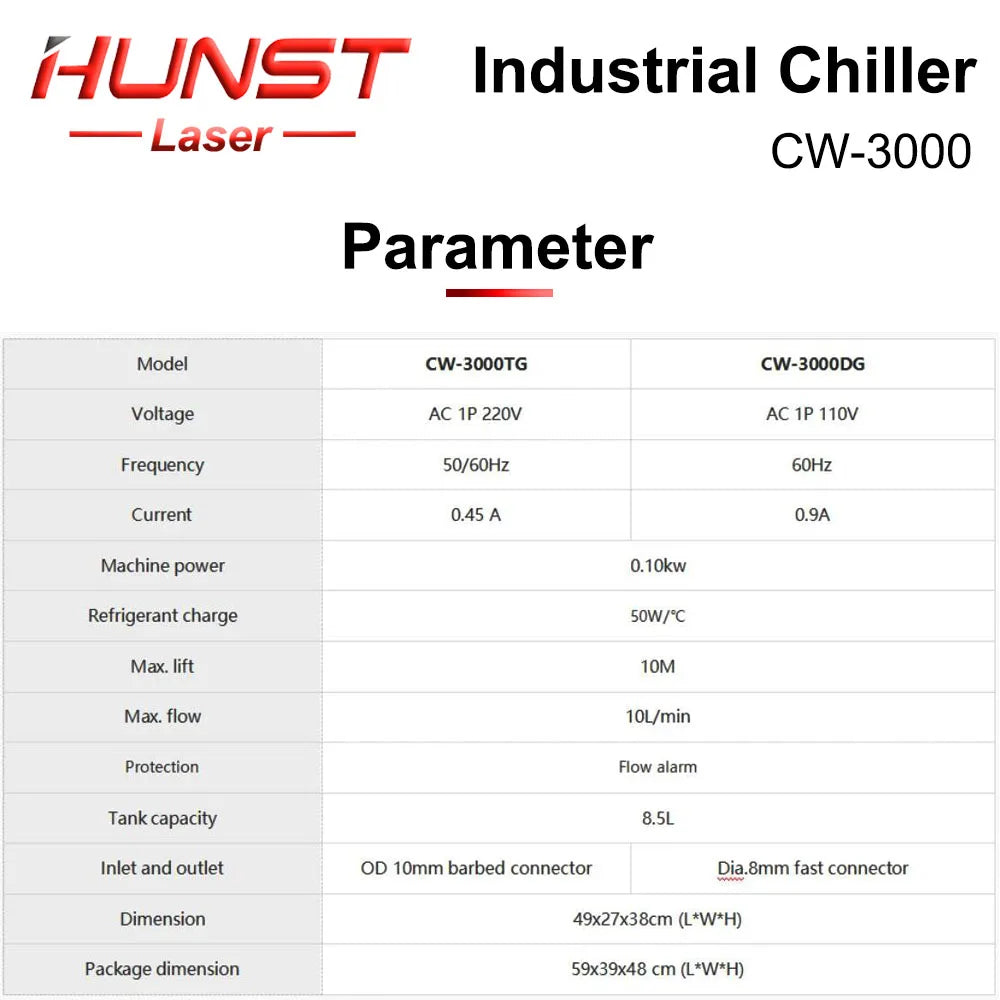 HUNST S&A CW3000 Industrial Water Chiller for CO2 Engraving Cutting Machine Cooling 40W 50W 60W 80W Laser Tube DG110V TG220V