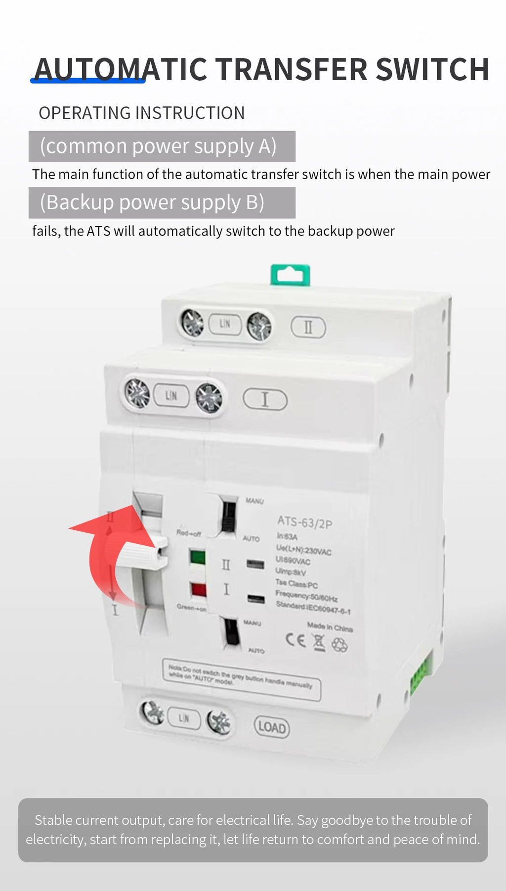 Uninterrupted Automatic Transfer Switch PC Class ATS 2P 4P 25A 40A 63A 110V 220V Mains Power Generator Dual Power Backup