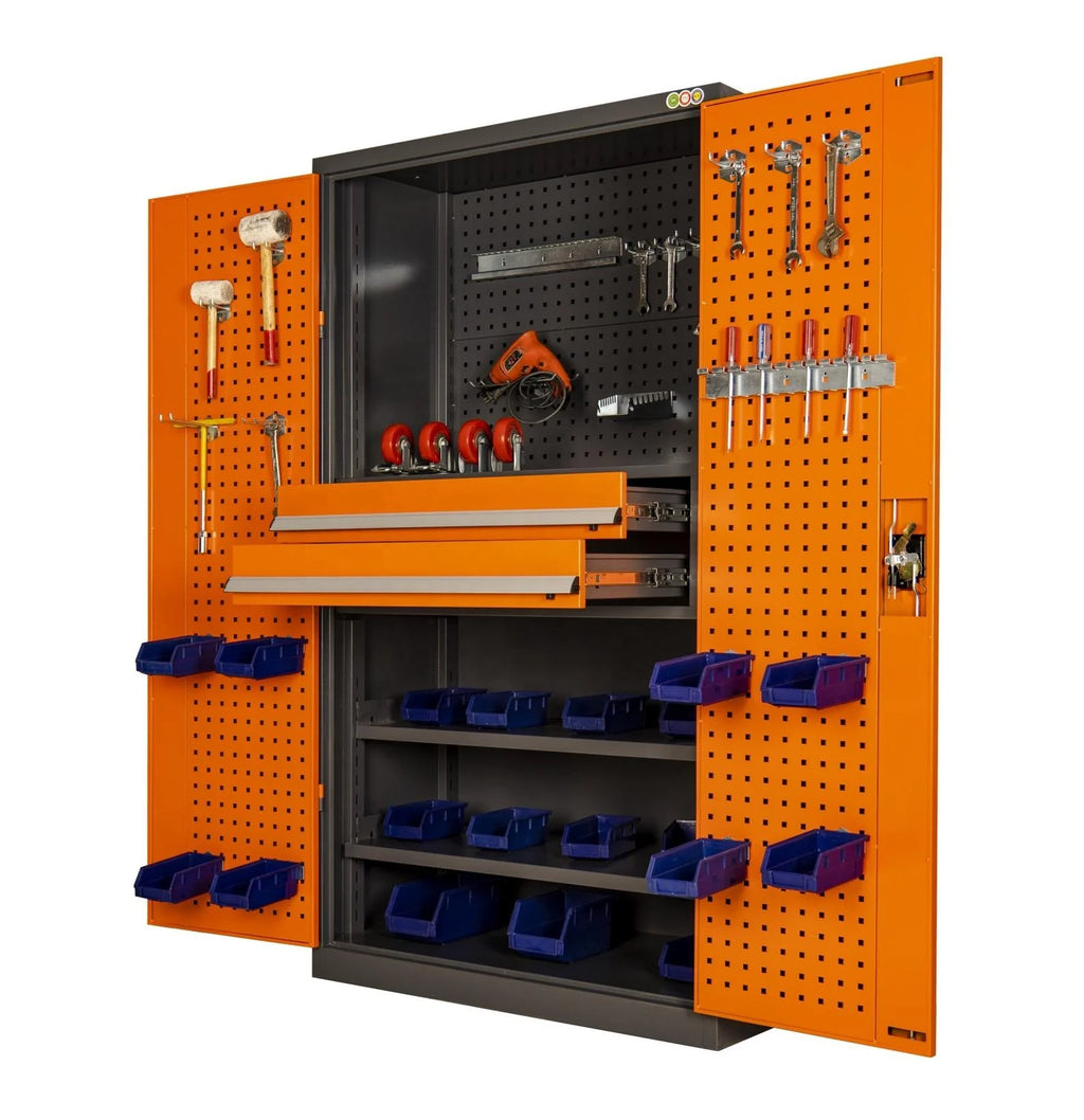 Optimize Your Workspace with a Modern Industrial 71in. Orange Tool Cabinet Lock, Drawers, Pegboard, and Quiet Wheels PULAGE