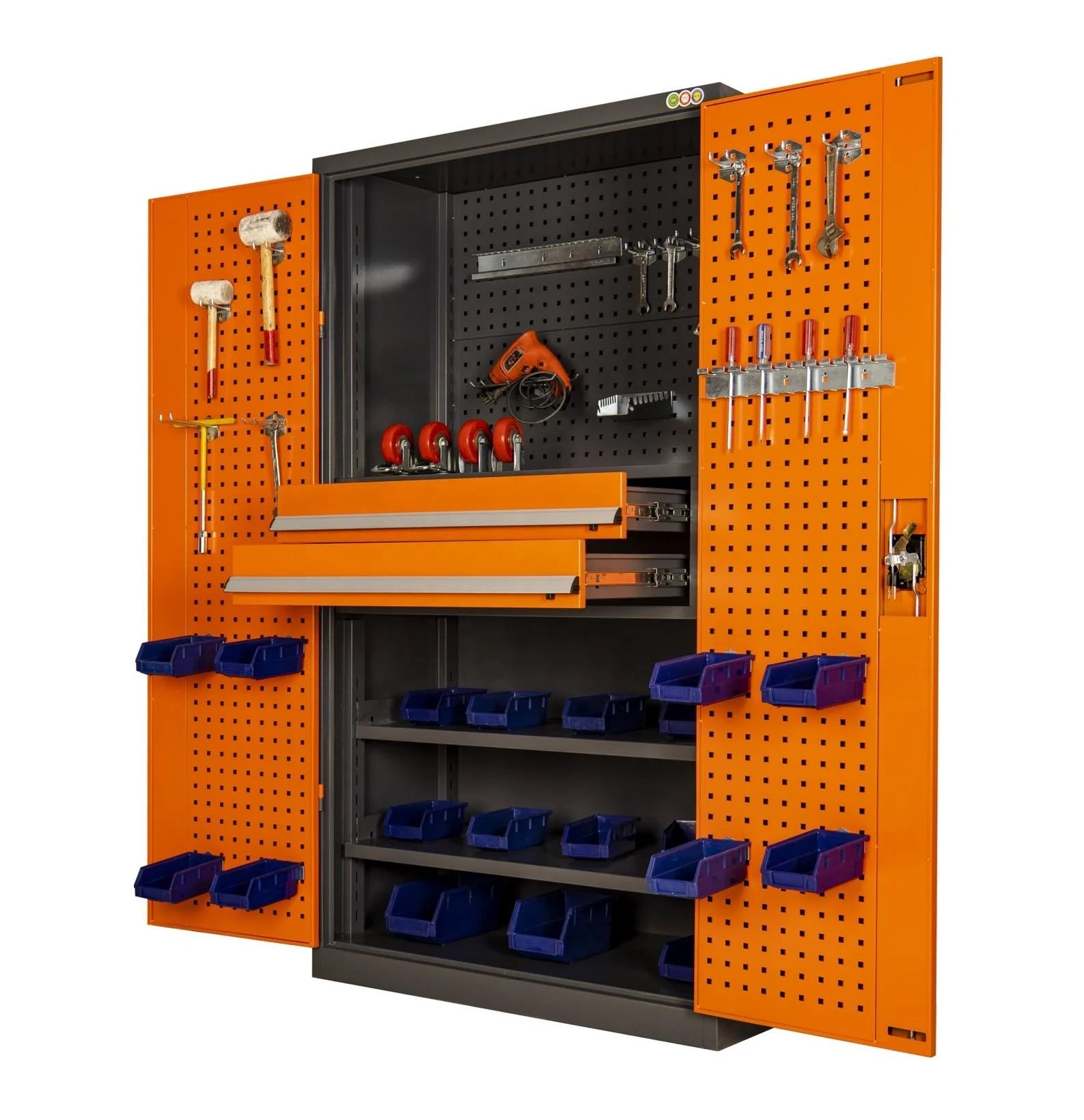 Optimize Your Workspace with a Modern Industrial 71in. Orange Tool Cabinet Lock, Drawers, Pegboard, and Quiet Wheels PULAGE