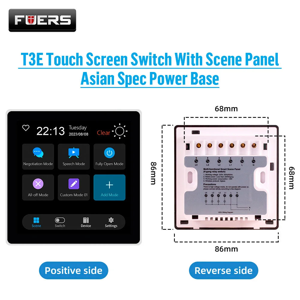 FUERS Smart Wall Switch 4 Inch Touch Screen Multi-functional T3E Switch Scene Panel Intelligent Home Touch Screen Zigbee