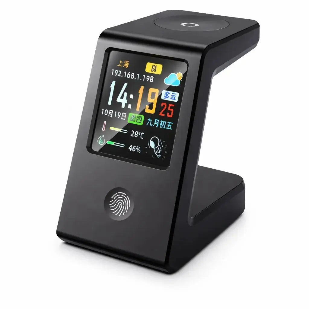 Smart WiFi weather clock, featuring wireless charging for watches, digital table clock, real-time weather display, touch control