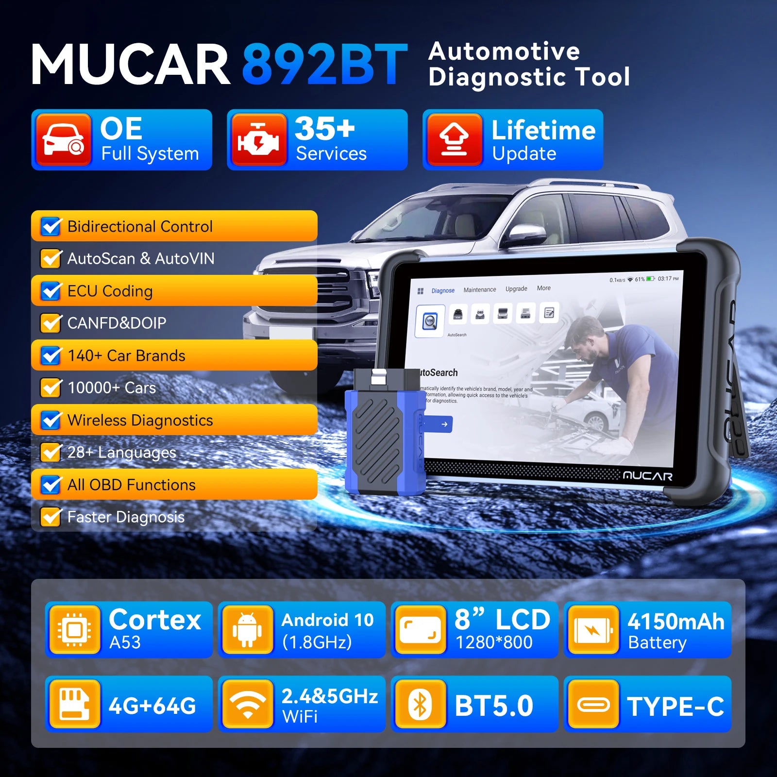 MUCAR 892BT AI-Assisted Bi-Directional Scan Tool Full System OBD2 Scanner Diagnostic Tool ECU Coding 35 Services With CANFD DOIP