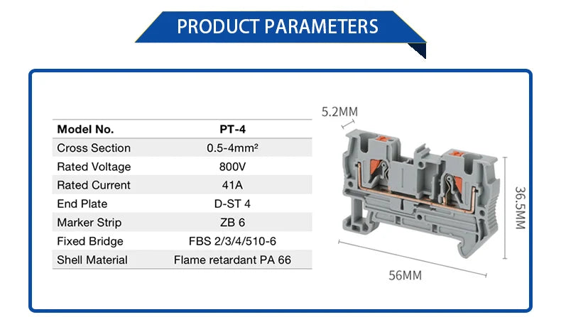 PT4 Push-In Terminal Block Spring Connection Feed-Through Screwless PT-4 Wire Electrical Connector Din Rail Terminals PT 4