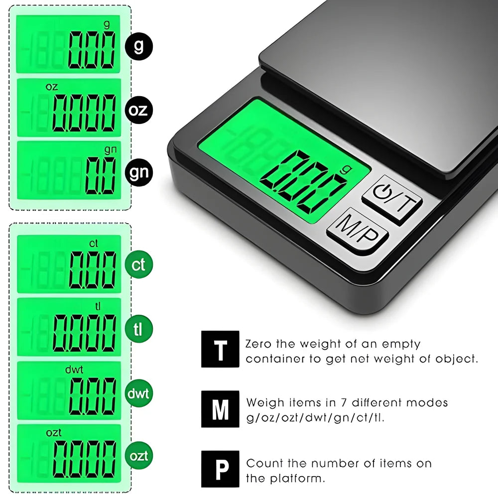 Precision Pocket Scale 1000g 0.1g - Digital Gram, Food, Jewelry, Ounces/Grains Scale with Backlit LCD - Mini Scale for Travel