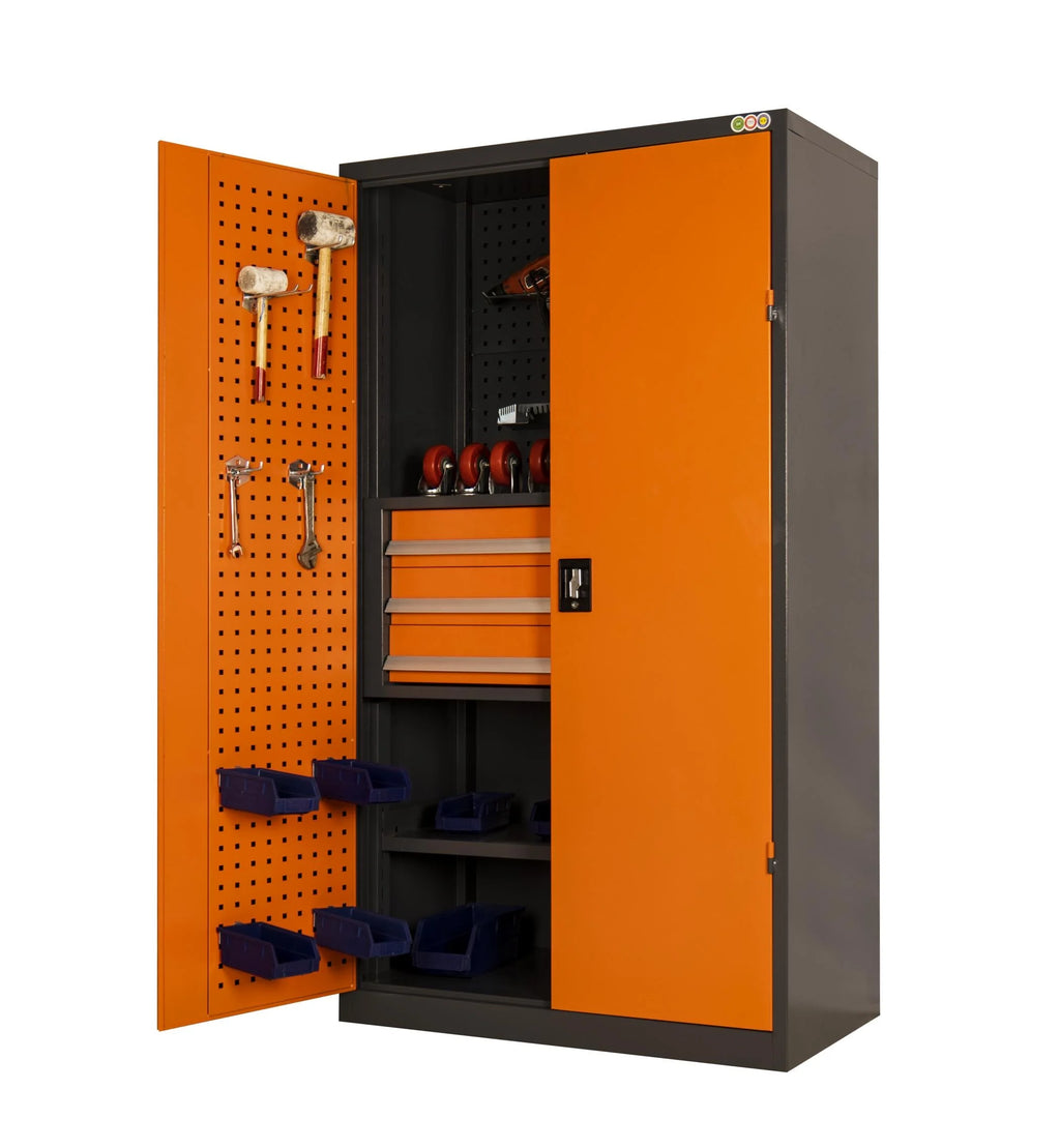 Optimize Your Workspace with a Modern Industrial 71in. Orange Tool Cabinet Lock, Drawers, Pegboard, and Quiet Wheels PULAGE