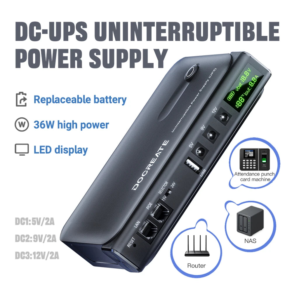 DC UPS Uninterruptible Power Supply System 5V-24V Output 4x18650 Replaceable Battery for Router NAS Modem and Security Monitor
