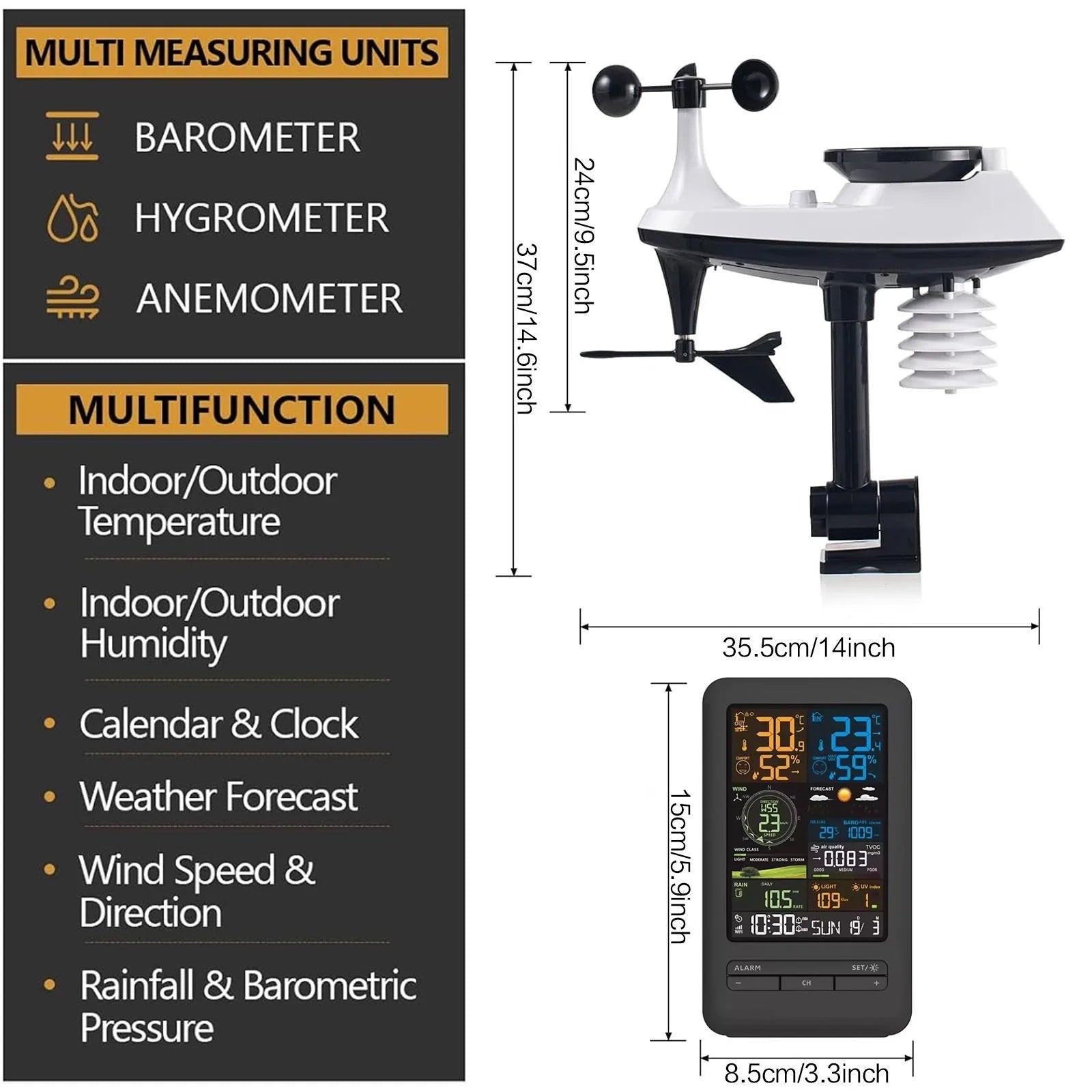 Smart Home Weather Station Monitor Temperature Humidity Wind Speed Rainfall UV TVOC Auto Timer Calendar