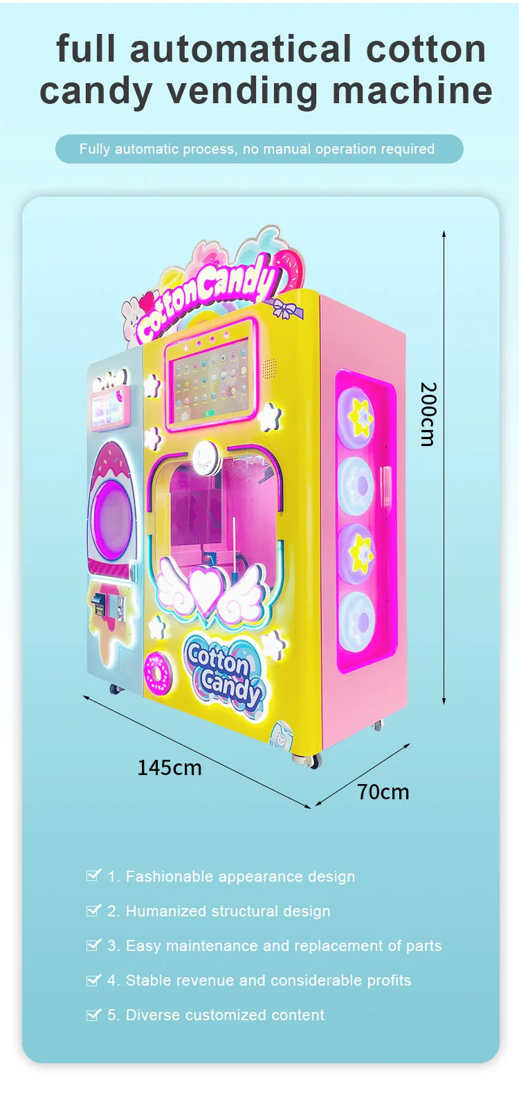 Customized Hot Sale Commercial Full Automatic Cotton Candy Vending Machine High Capacity Easy Clean Street Business For Sale