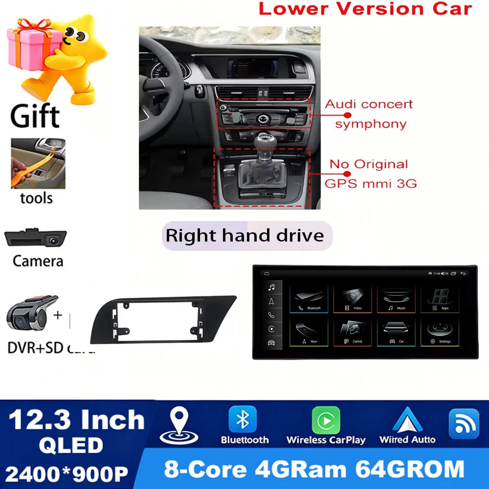 GPS RHD Android 16 Car Radio Multimedia Player for Audi A4 B8 A5 2009 - 2016 Wireless Carplay 4G DSP Stereo Ultra-thin Screen