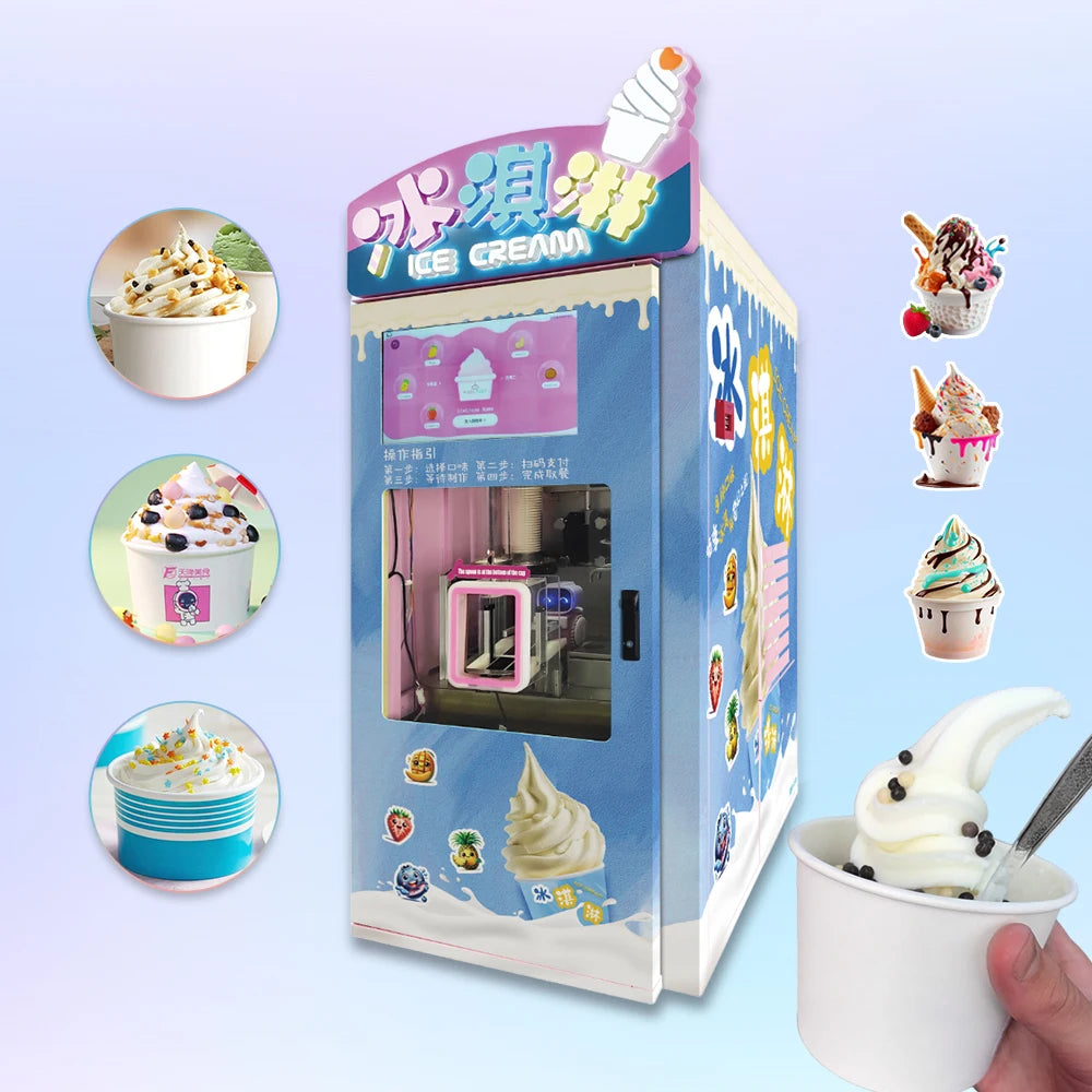 Customized Commercial Efficient Cooling Ice Cream Machine Automated Fast Continuous with Fresh Fruit Nut Ingredients Vending