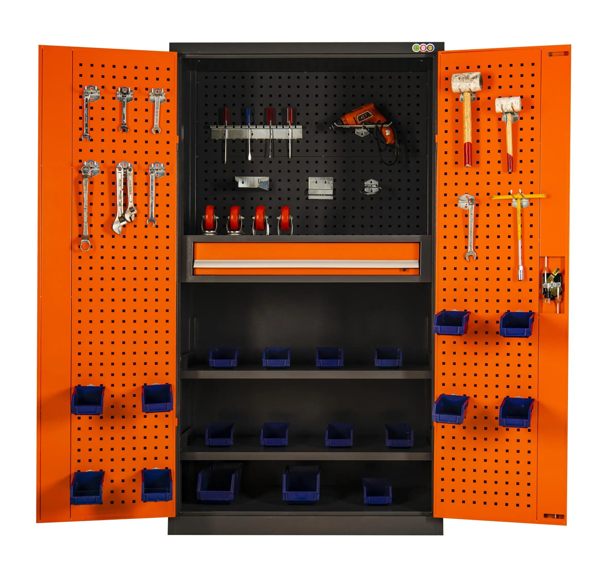Optimize Your Workspace with a Modern Industrial 71in. Orange Tool Cabinet Lock, Drawers, Pegboard, and Quiet Wheels PULAGE
