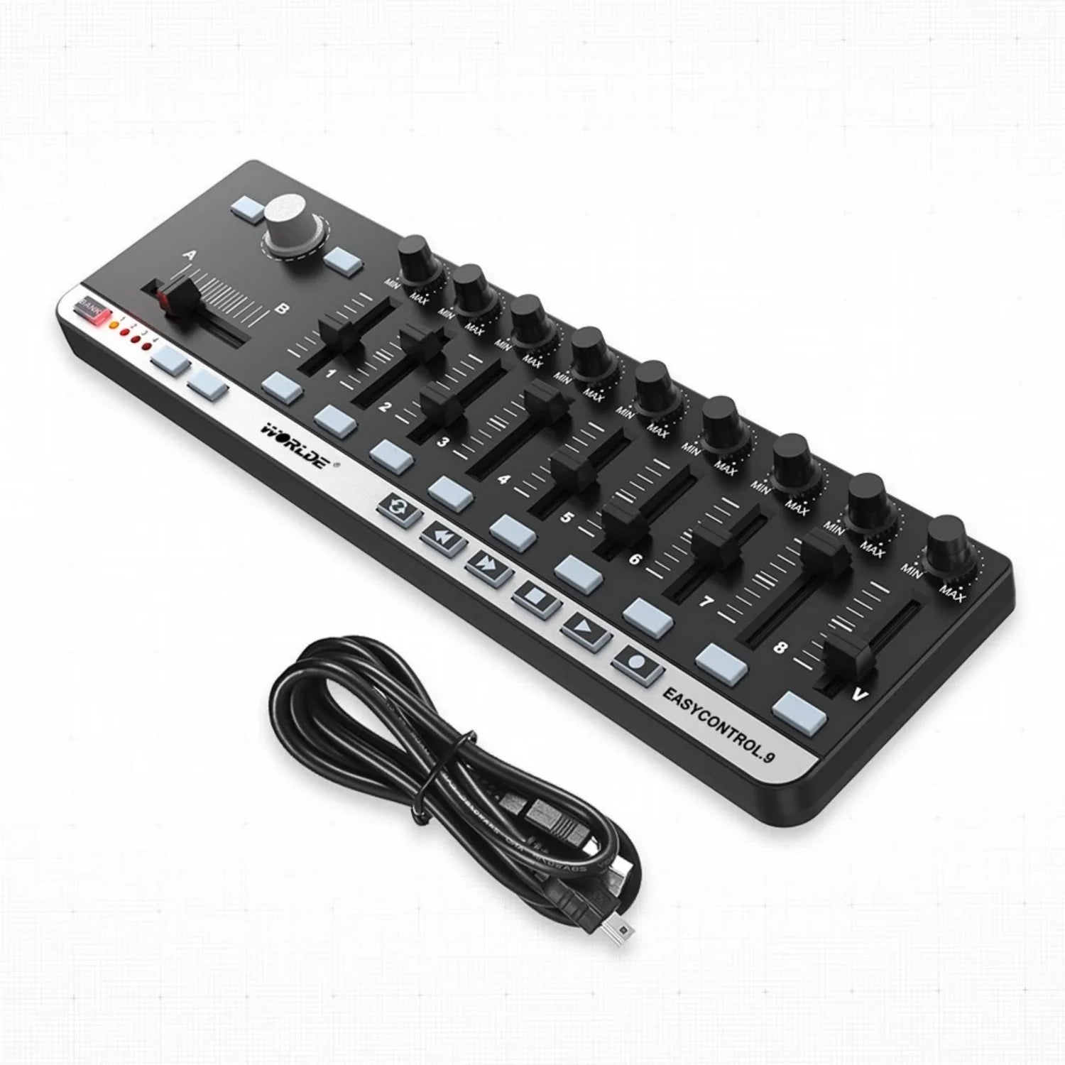 Worlde EasyControl.9 MIDI Controller – 9 Assignable Knobs/Sliders/Buttons, 6 Transport Controls, Plug & Play, No Driver Needed