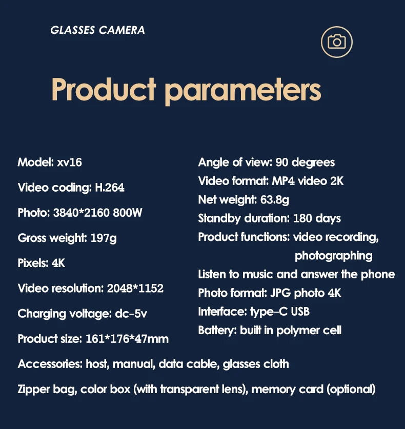 Smart 4K glasses, WiFi sunglasses camera, smart home secret camera, mini camera for shooting and recording videos