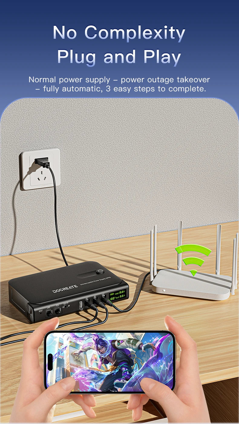 DC UPS Uninterruptible Power Supply System 5V-24V Output 4x18650 Replaceable Battery for Router NAS Modem and Security Monitor