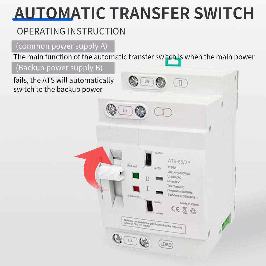 Uninterrupted Automatic Transfer Switch PC Class ATS 2P 4P 25A 40A 63A 110V 220V Mains Power Generator Dual Power Backup