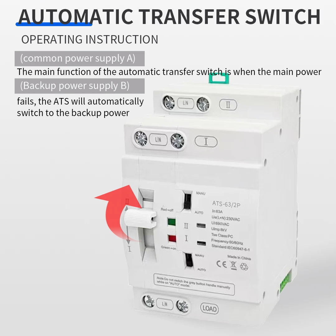 Uninterrupted Automatic Transfer Switch PC Class ATS 2P 4P 25A 40A 63A 110V 220V Mains Power Generator Dual Power Backup
