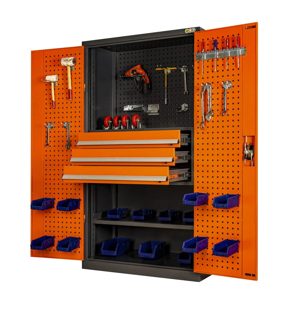 Optimize Your Workspace with a Modern Industrial 71in. Orange Tool Cabinet Lock, Drawers, Pegboard, and Quiet Wheels PULAGE
