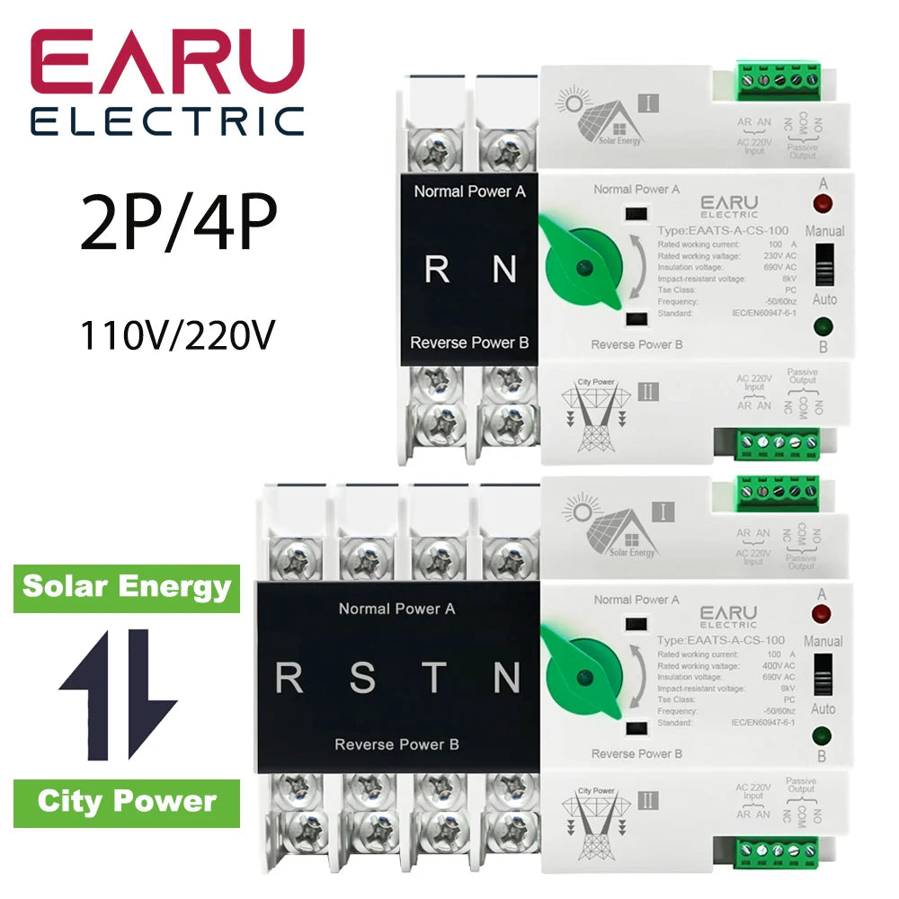 Dual Power Automatic Transfer Switch ATS 2P 4P 100A. AC 220V 110V Millisecond Switching for Solar Generator Uninterrupted