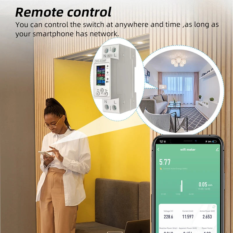 WiFi Smart Circuit Breaker 63A with LCD Display Energy Meter KWH Remote Control Monitor Overload Protection Auto-reclosing