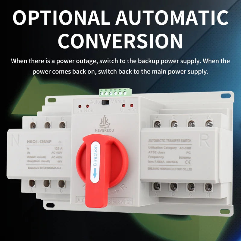 Automatic Transfer Switch (ATS) 4P 63A/125A Dual Power Changeover Switch 400V Manual/Auto for Generator Industrial CE Certified