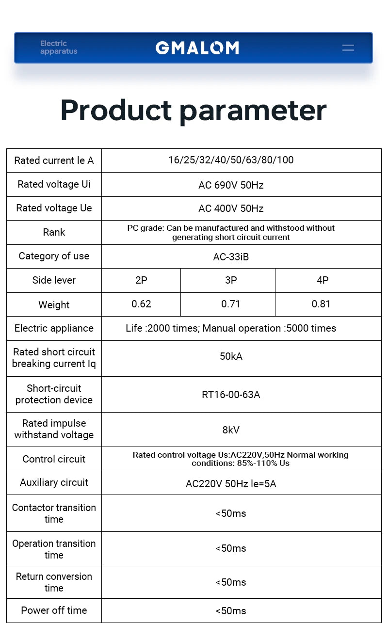Rail Dual Power Automatic Transfer Switch 2P 3P 4P ATS Selector Switches Uninterruptible Millisecond Power Generator 100A AC220V