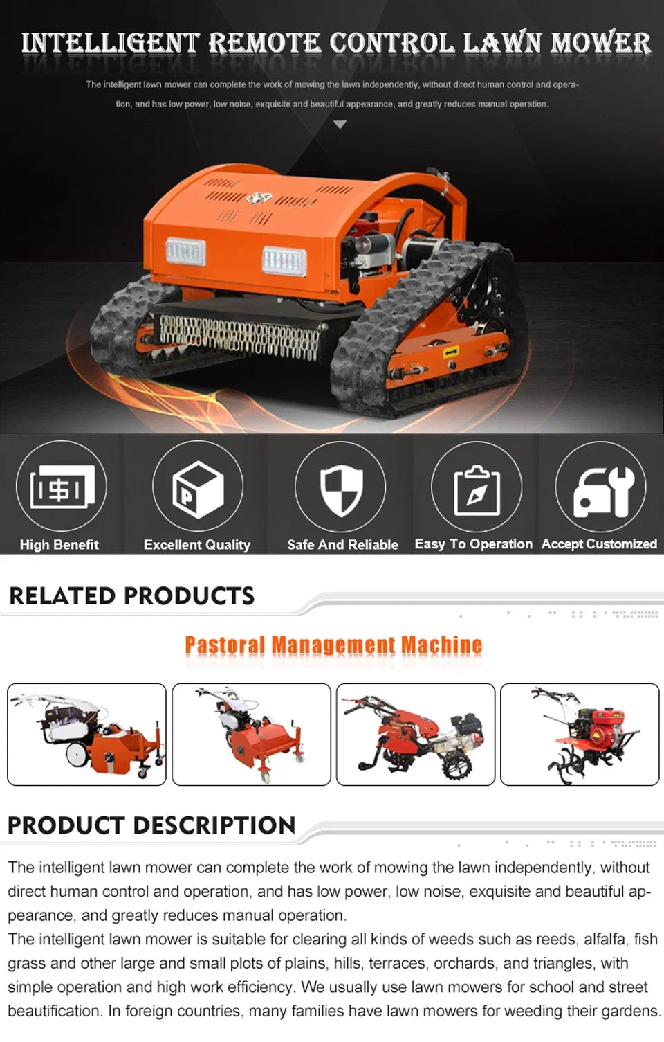 Multi-Functional Cordless Remote Control Lawn Mower Robot for Lawn Mower Factory Lawn Weed Cutting Customized
