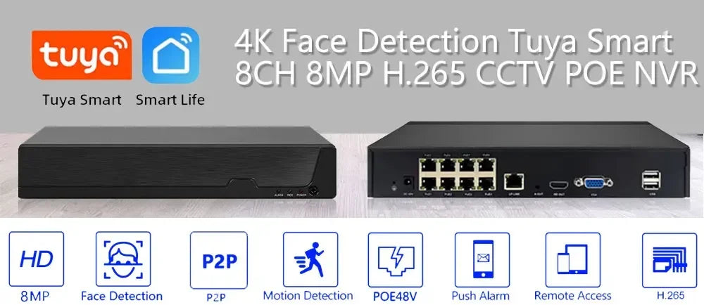 SMART LIFE 4K 8CH PoE NVR 8MP CCTV Security System Face Detection H.265+ Network Surveillance Audio Video Recorder NVR Tuya app