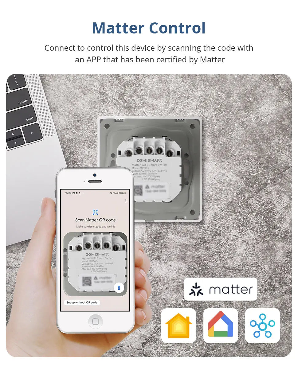 Zemismart Matter WiFi EU 1 2 3 Gangs Smart Wall Light Switch Neutral Required with Big Button SmartThings App Homekit Control