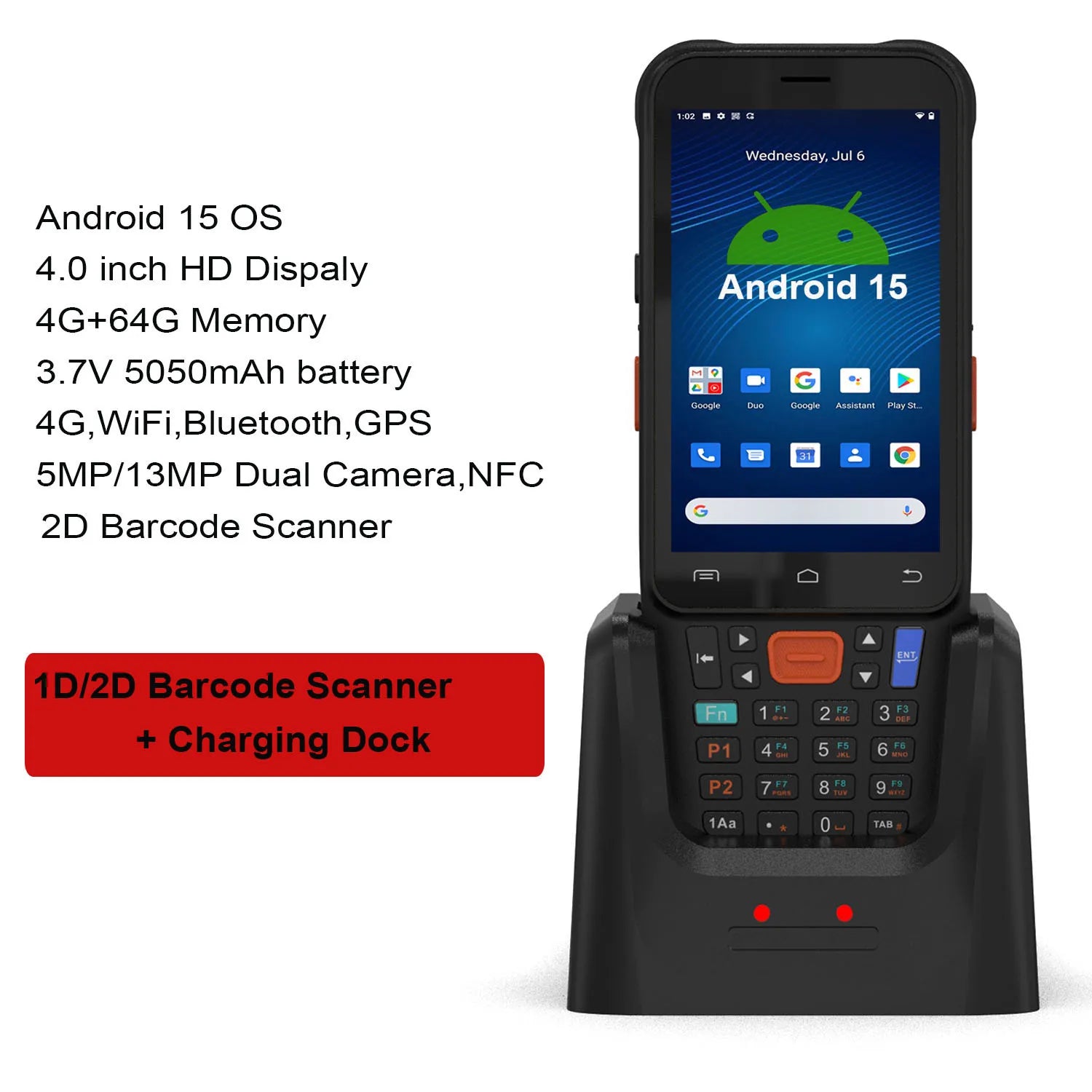 Android 15 2D Barcode Scanner MTK6769 5050mAh Battery Handheld Scanner 4GB+64GB Rugged PDA Handheld Computer 4G