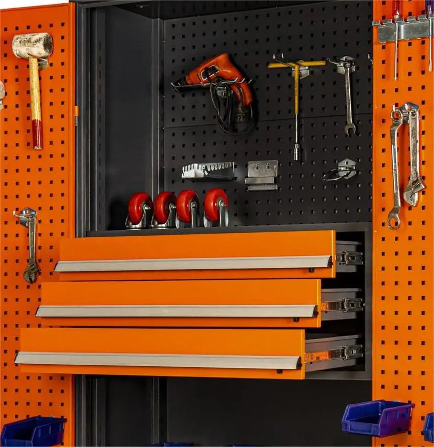 Optimize Your Workspace with a Modern Industrial 71in. Orange Tool Cabinet Lock, Drawers, Pegboard, and Quiet Wheels PULAGE
