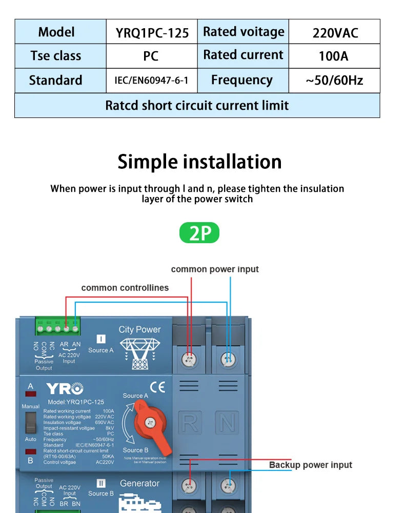 ATS 2P 4P 100A 125A 220V 400V Dual Power Automatic Transfer Switch For Generator or PV Energy To City power Changeover Switch