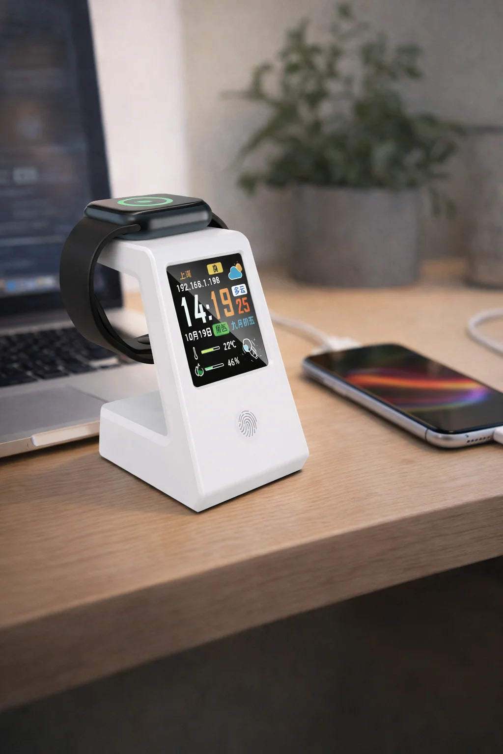 Smart WiFi weather clock, featuring wireless charging for watches, digital table clock, real-time weather display, touch control