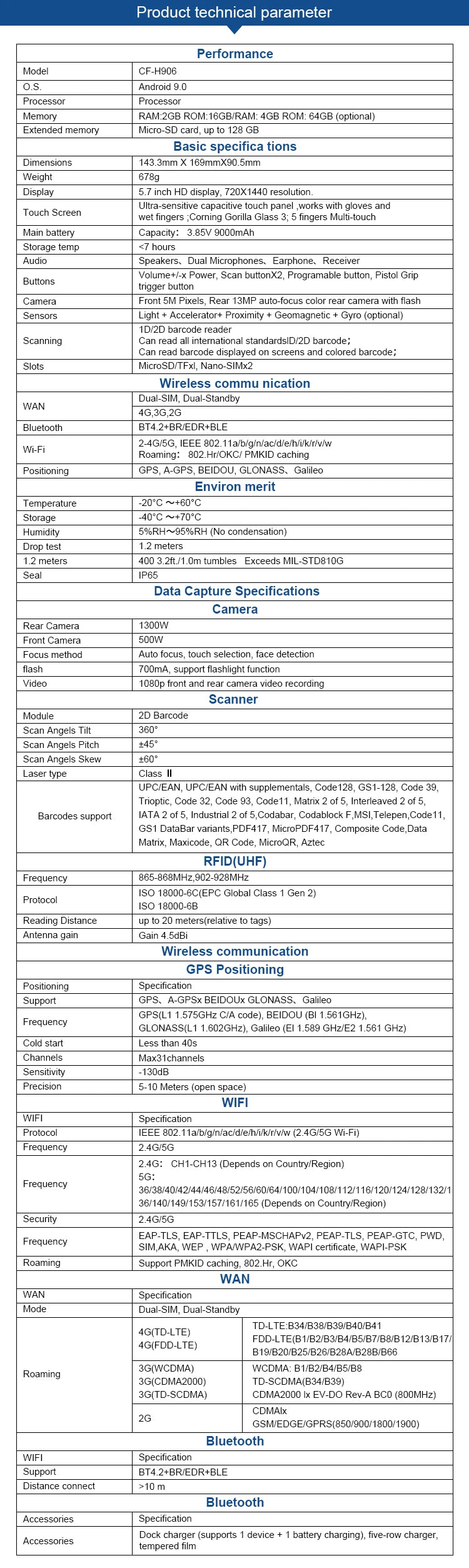 Chafon CF-H906 UHF Handheld Rfid Reader Long Range Android 11.0 with Wifi Bluetooth 4G GPS Camera Function for Warehouse Manage