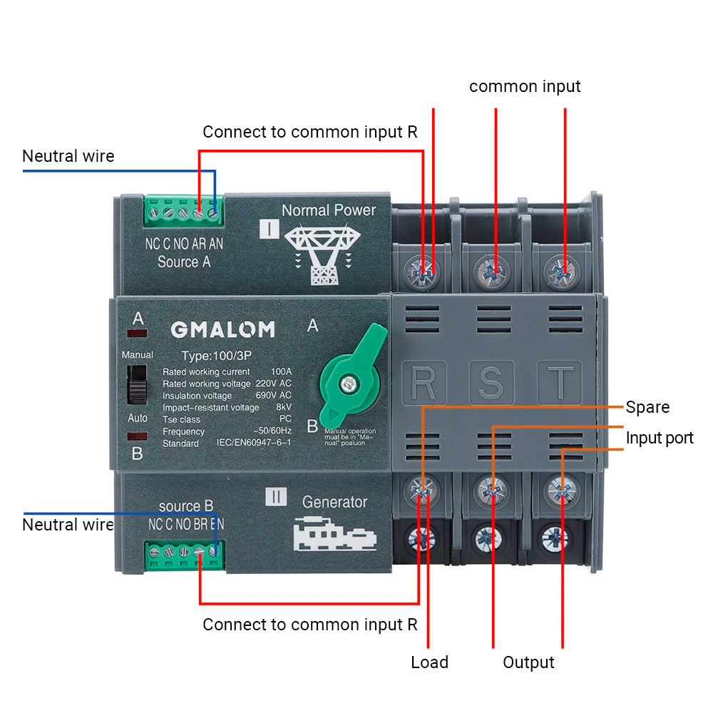 Rail Dual Power Automatic Transfer Switch 2P 3P 4P ATS Selector Switches Uninterruptible Millisecond Power Generator 100A AC220V
