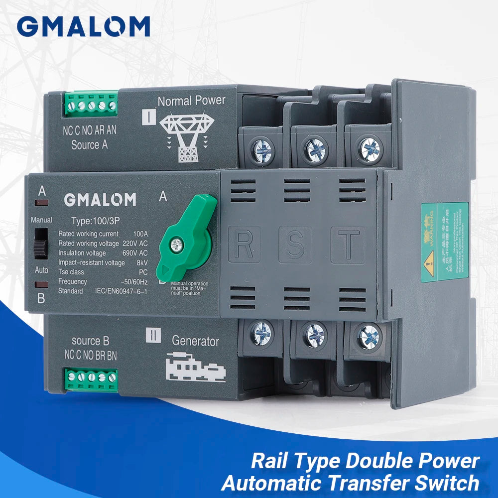Rail Dual Power Automatic Transfer Switch 2P 3P 4P ATS Selector Switches Uninterruptible Millisecond Power Generator 100A AC220V