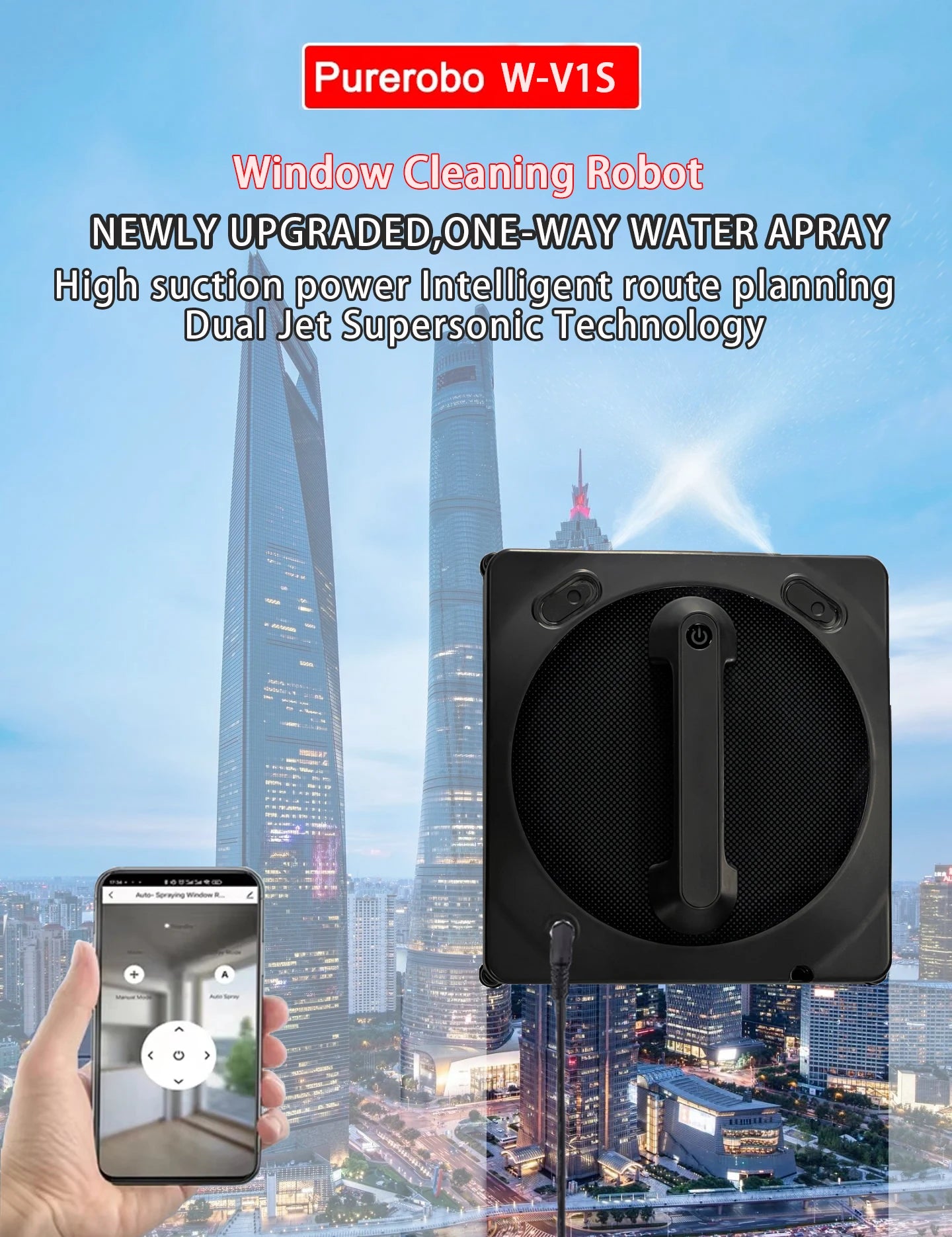 Robot Window Cleaner Purerobo W-V1S With Vibration&Dual Water Spray，High Vacuum Suction，Home Glass Cleaning Window Cleaner Robot