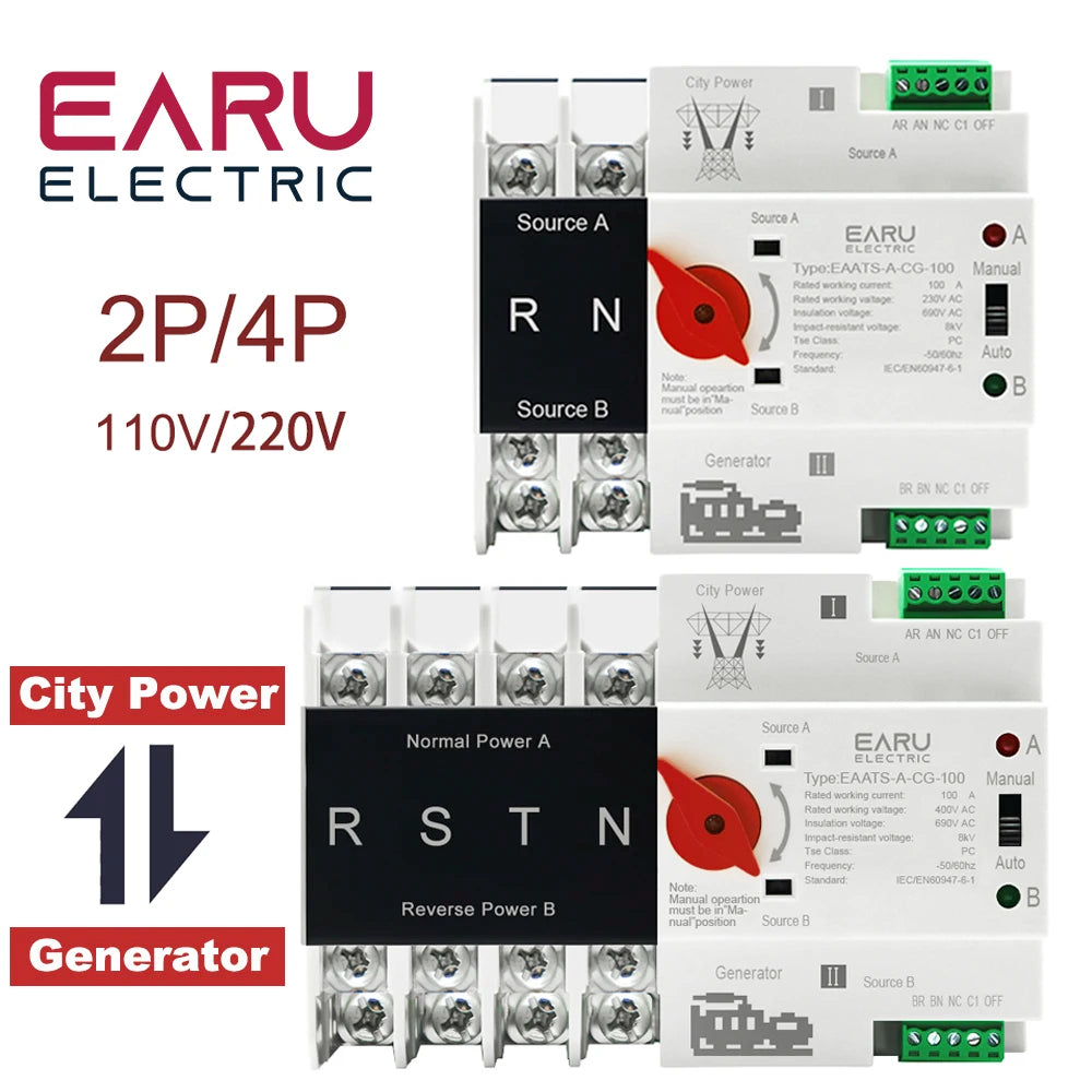 Dual Power Automatic Transfer Switch ATS 2P 4P 100A. AC 220V 110V Millisecond Switching for Solar Generator Uninterrupted