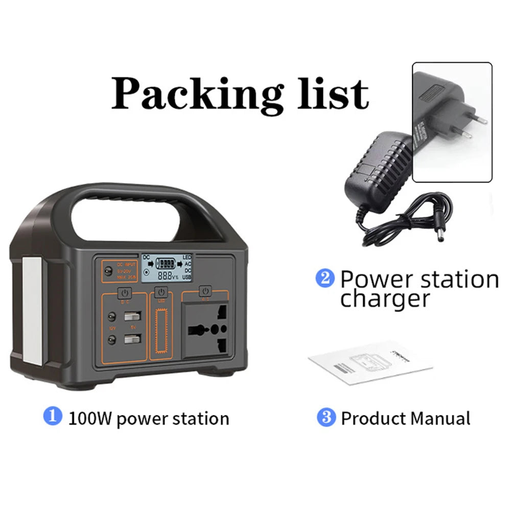 100W Solar Power Portable Station Camping Battery Generator Outdoor Lifepo4 Bank 110V 220V Supply Emergency Home Energy RV Led