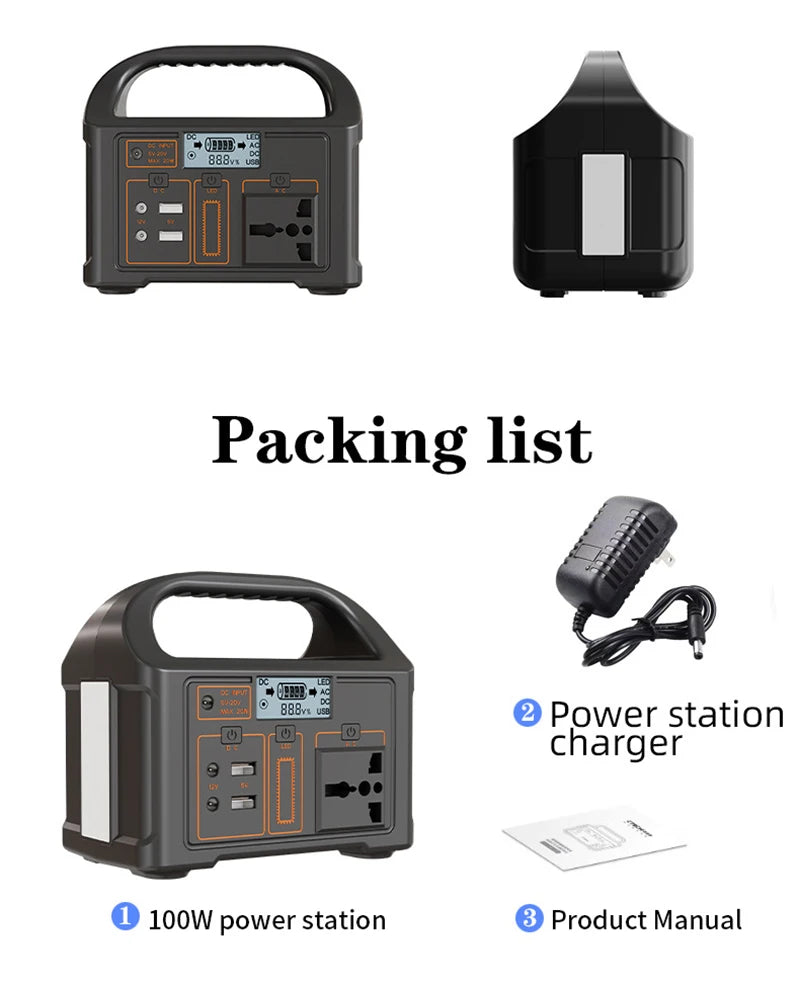 100W Solar Power Portable Station Camping Battery Generator Outdoor Lifepo4 Bank 110V 220V Supply Emergency Home Energy RV Led